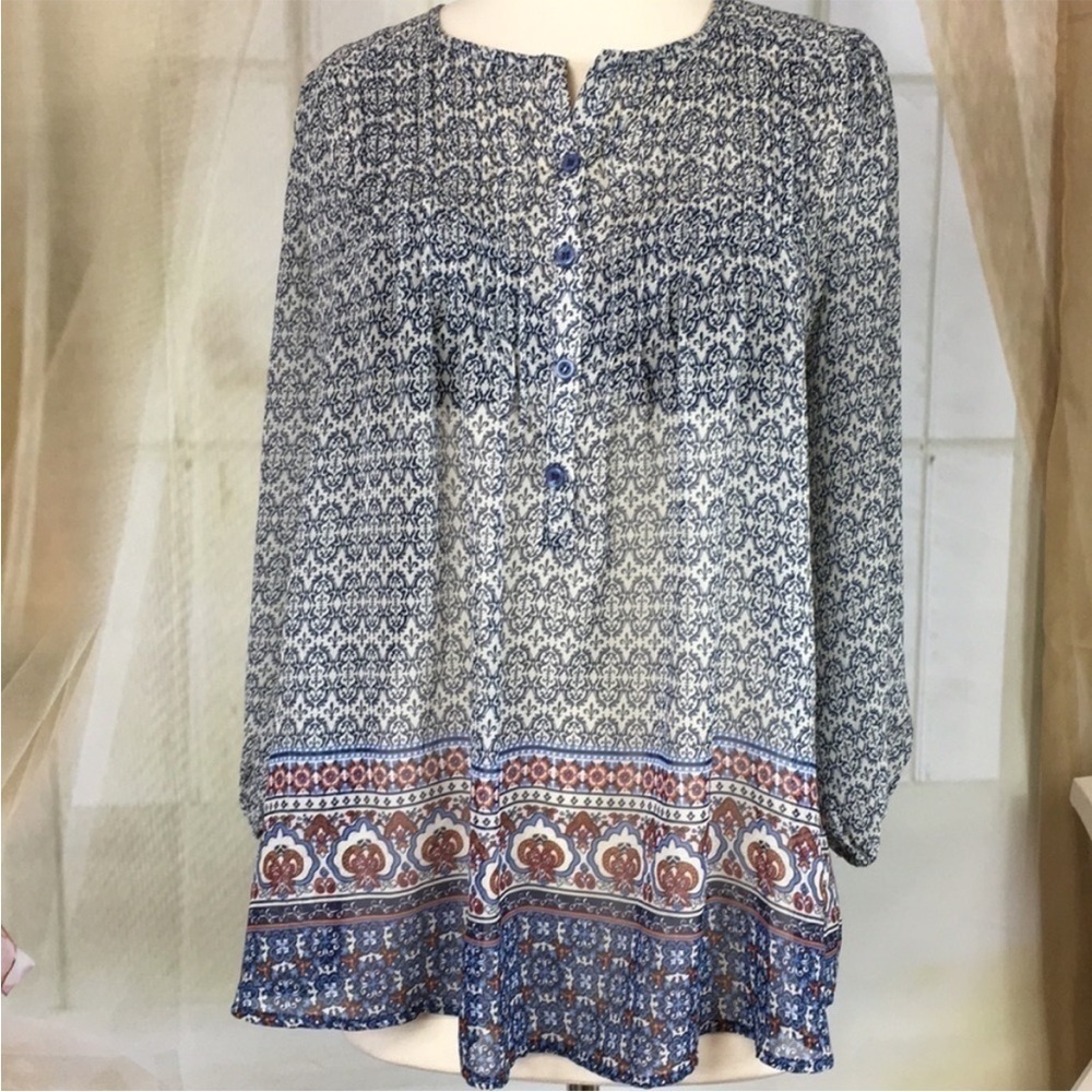 BLACK Note Blue Sheer Boho Long
Sleeved Blouse S